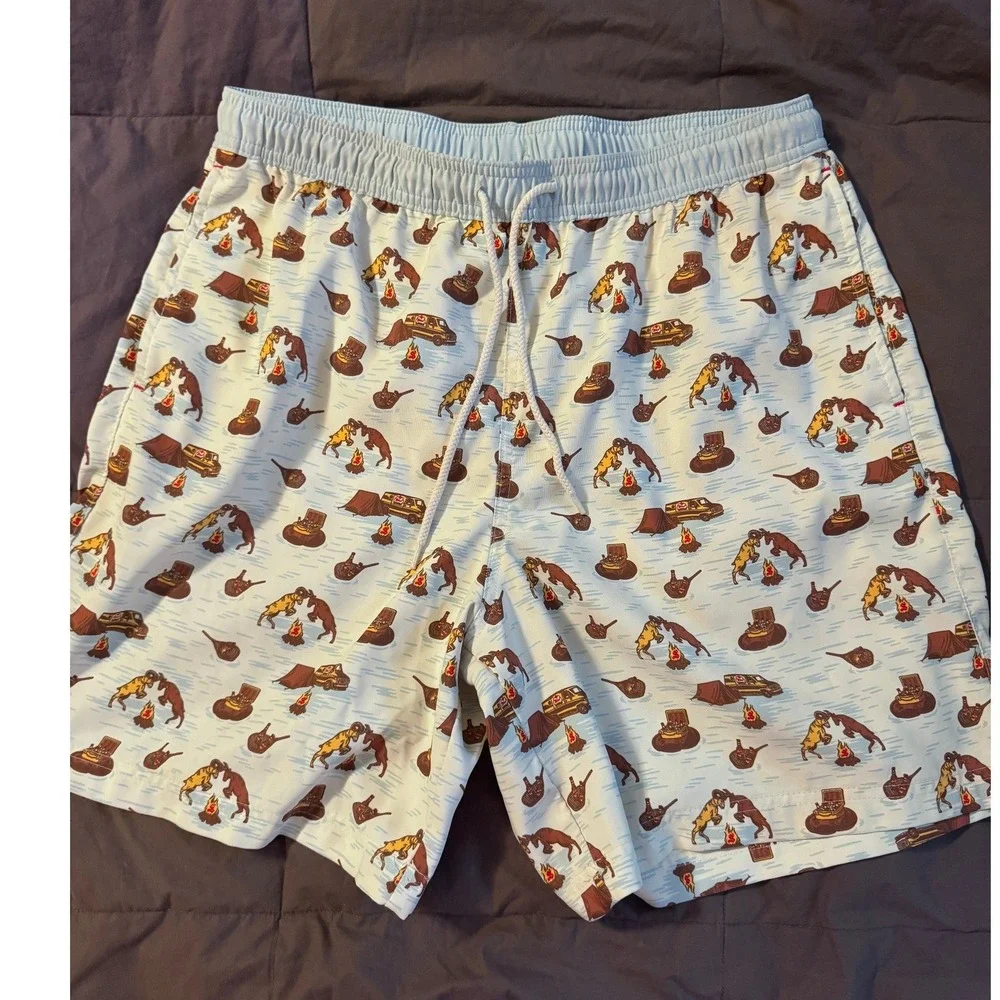Magellan Outdoors Shiner Beer Swim Trunks Mens Large Blue Camping Print